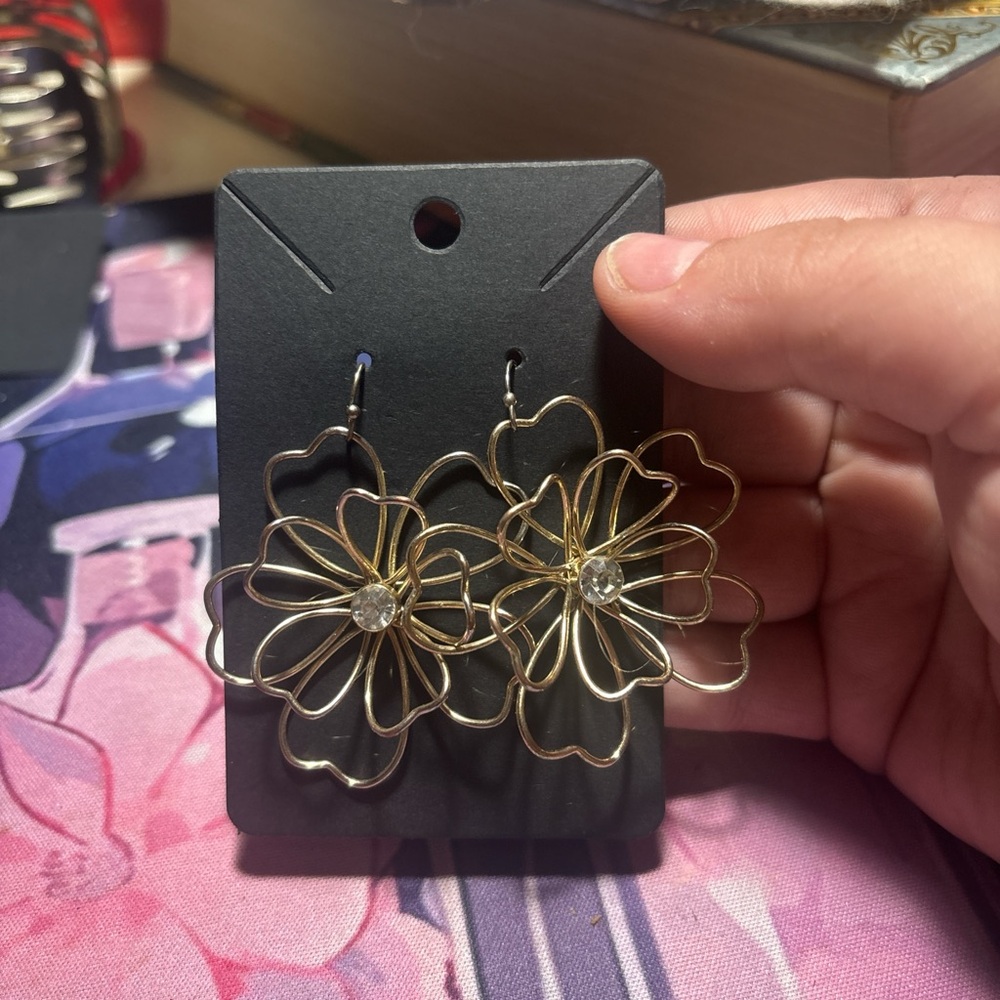 Delicate Gold Floral Earrings with Crystal Accent